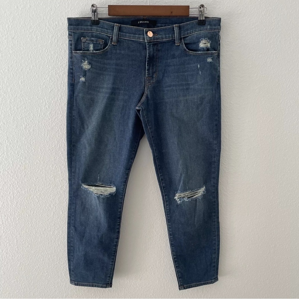 J Brand Low Rise Crop Jeans Womens Size 32 Medium Blue Denim Distressed Jeans